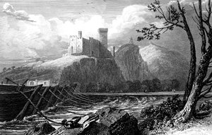 Beaucaire Kalesi ve Rhone üzerinde bir tekne köprüsü, Fransa, 1824.