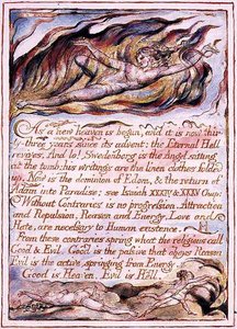 "Yeni bir cennet başladığında..", 'Cennet ve Cehennemin Evliliği'nden bir örnek, c.1790-3 (kabartma gravürü kalem ve suluboya ile tamamlandı) by William Blake