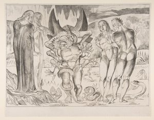 Hırsızlar Çemberi: Agnello Brunelleschi Altı Ayaklı Yılan Tarafından Saldırıya Uğradı, Dan..., ca. 1825-27. by William Blake