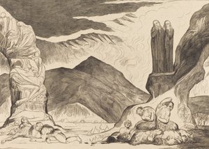 Yanlışlayıcılar Çemberi: Dante ve Virgil Kokudan Burunlarını Örtüyorlar, 1827. by William Blake
