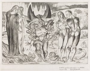 Hırsızlar Çemberi, Agnolo Brunelleschi, Altı Ayaklı Yılan Tarafından Saldırıya Uğradı, 1827. by William Blake