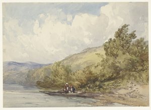 Bir göl ve iki figürlü bir tekne ile tepelik manzara by William Callow