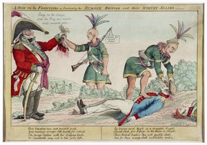 İnsancıl İngilizler ve Onların Değerli Müttefikleri Tarafından Uygulanan Sınırlarda Bir Sahne, pub. 1812 (el renkli gravür)