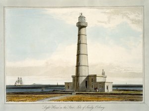 1821'de yayınlanan 'Büyük Britanya Çevresinde 1814 ve 1825 Yılları Arasında Yapılan Bir Yolculuk'tan Başlangıç, Sandy Adası, Orkney'deki Deniz Feneri, by William Daniell