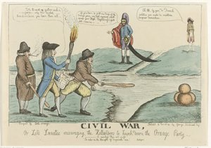 Hollanda iç çatışmasının İngiliz karikatürü, 1787 İç savaş veya Lord Lunatic, Hollandalıları Turuncu Parti