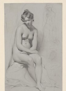 Yüksek saç kesimi ile oturan çıplak kadın modeli, yanında tekrar kabataslak çizilmiş by William Etty