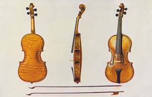 Müzik aletleri: Keman, Hellier Stradivarius ve flüt için dikkat çeken iki eski yay (renkli litho)