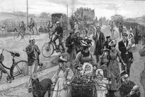 Street scene with many bicycles  by William Hatherell