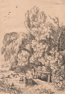 Ağaçlarla Manzara, Yaya Köprüsünden Geçen Kız by William Havell