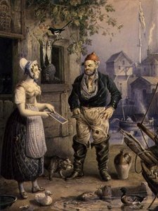 Bir Balıkçı ve Bir Hizmetçi, 1830 dolayları (kağıt üzerine guaj ile yükseltilmiş kurşun kalem üzerine suluboya) by William Heath