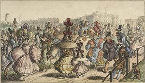 Bir şehirde bir parkta yürüyen çarpıcı kıyafetleri içinde kadın ve erkek Park - 1830 (nesne üzerindeki başlık) by William Heath