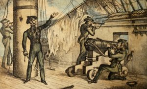 Deniz tüfekçileri kimliği belirsiz bir savaş gemisinde hareket halinde, c.1835 (el ile boyanmış gravür) by William Heath