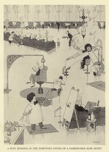 Şık bir saç sanatçısının görkemli stüdyosunda yoğun bir sabah by William Heath Robinson