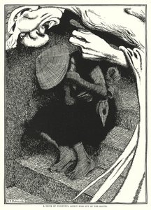 Korkunç görünüşlü bir cin topraktan çıktı (gravür) by William Heath Robinson
