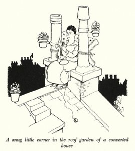 Dönüştürülmüş bir evin çatı bahçesinde küçük bir rahat köşe (litho) by William Heath Robinson