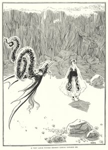 Bana doğru gelen çok büyük kanatlı bir yılan (gravür) by William Heath Robinson