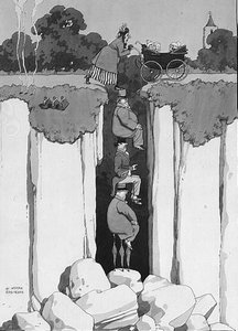 Nezaket Eylemi, Üç Beyefendinin Kadına Uçurum Üzerinden Yardım Eden Düşünceliliği (kalem ve mürekkep, suluboya) by William Heath Robinson