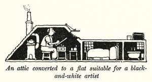Siyah beyaz bir sanatçıya uygun bir daireye dönüştürülmüş bir çatı katı (lito) by William Heath Robinson