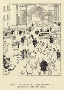Hâkim, jüri üyeleri, avukat ve davacıların hukuk mahkemelerine gelişi by William Heath Robinson