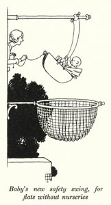 Bebek odası olmayan daireler için bebeğin yeni güvenlik salıncağı (litho) by William Heath Robinson