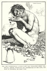 Çünkü kocaman bir dev, yel değirmeni, günlük yiyeceği (lito) olmadığı için karadaki her tavayı, tavayı, kazanı, tavayı, damlama tavasını yutmuştu. by William Heath Robinson