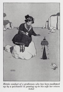 Karısına dönüş biletini verirken bir bataklık tarafından yutulan bir beyefendinin kahramanca davranışı (lito) by William Heath Robinson