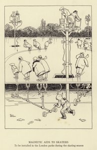 Patencilere, paten sezonunda Londra parklarına kurulacak manyetik yardımcılar by William Heath Robinson