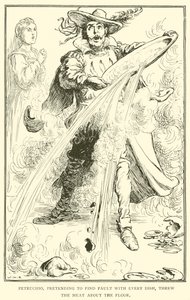 Petruchio, her yemekte kusur buluyormuş gibi yaparak eti yere fırlattı. by William Heath Robinson