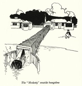 "Modesty" sahil bungalovu (litho) by William Heath Robinson