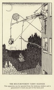 Çok Hareketli Tekir Susturucu, bu aparat yatak odası penceresinden çalıştırılabilir ve arka bahçenin herhangi bir yerine ulaşması garanti edilir. by William Heath Robinson