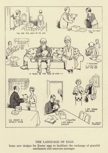 Yumurtaların dili, zarif duyguların ve aşk mesajlarının değişimini kolaylaştırmak için Paskalya yumurtaları için bazı yeni tasarımlar by William Heath Robinson