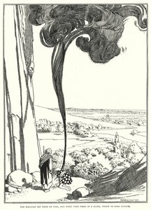 Sihirbaz onları ateşe verdi ve alevler içinde olduklarında biraz tütsü (gravür) attı. by William Heath Robinson