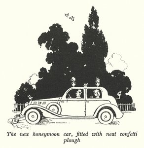 Temiz konfeti pulluğu (lito) ile donatılmış yeni balayı arabası by William Heath Robinson