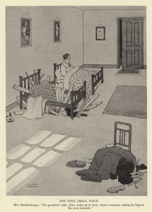 Hâlâ ince ses Bayan Blendlethorpe, Tanrı aşkına John, hemen uyan; alttaki odada yardım isteyen biri var by William Heath Robinson