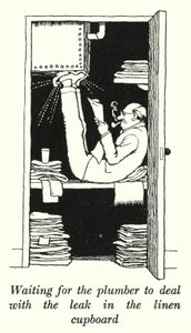 Çamaşır dolabındaki sızıntı ile tesisatçının ilgilenmesini beklemek (lito) by William Heath Robinson
