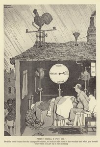 Değişken mevsim için, havanın durumunu ve sabah kalktığınızda ne giymeniz gerektiğini belirtmek için Başucu düzeneğine ne koyayım? by William Heath Robinson