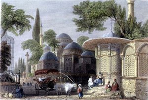 Roberts Sands (1792-1855) tarafından oyulmuş Chahzade Çeşmesi ve Camii, c.1850 (aquatint)