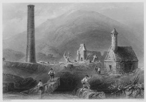 Yuvarlak Kule, vb, Glendalough, County Wicklow (gravür) by William Henry (after) Bartlett