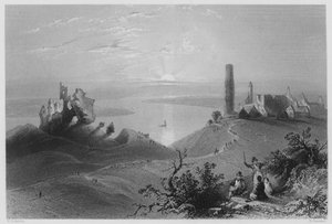 Shannon'daki Yedi Clonmacnoise Kilisesi (gravür) by William Henry (after) Bartlett
