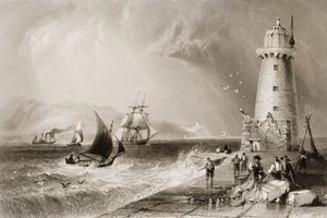 Uzakta Howth Tepesi ile Güney Duvarı Deniz Feneri, Dublin, George Virtue, 1860