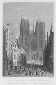 St Gudule Kilisesi, Brüksel, Karnaval Maskeli Balo (gravür) by William Henry Bartlett