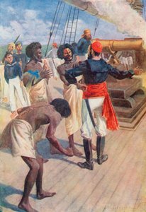 Şefler daha sonra denizde yaklaşık iki mil uzakta bir kayaya bakmaya yönlendirildi ve silah ateşlendi. by William Henry Charles Groome