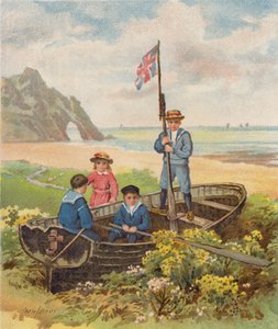 Sahilde bir teknede oynayan çocuklar (chromolitho)