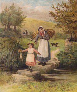 Basamak taşlarının üzerinden bir dereyi geçen kadın ve kız (chromolitho)