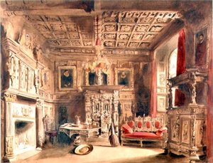 A Tudor Interior (kağıt üzerine kahverengi mürekkep ve sulu boya)