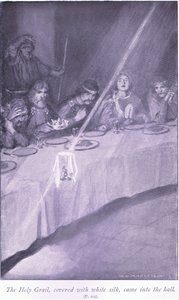 Beyaz ipekle kaplı Kutsal Kase salona girdi. by William Henry Margetson