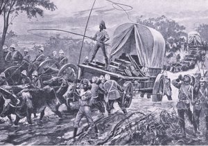 Zulu Savaşı: Estowe Yardım Gücü bir dereyi geçiyor, Nisan 1879, İngiliz Kara ve Deniz Savaşlarından bir çizim, 1915