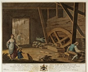 Bir Scutch Değirmeninin iç görünümü, İrlanda Keten Fabrikası Plaka V, 1791, by William Hincks