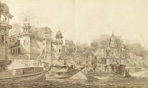 Benares Şehri Kısmının Görünümü, c.1781 (yıkama yuvasına yerleştirilmiş kağıt üzerine kurşun kalemle fırça ve mürekkeple gri yıkama) by William Hodges