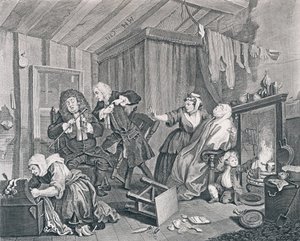 Bir Fahişenin İlerlemesi, Beşinci Tabak: Doktorlar Tartışırken Sona Eriyor, 1732 (gravür ve gravür) by William Hogarth